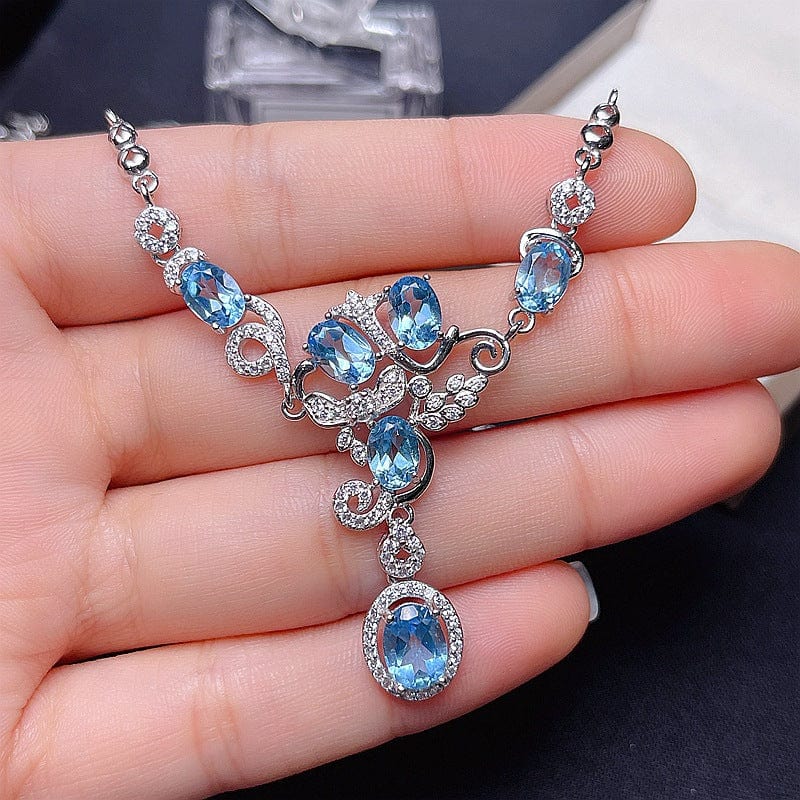 Aliprice Sterling Silver Natural Swiss Blue Topaz Clavicle Necklace