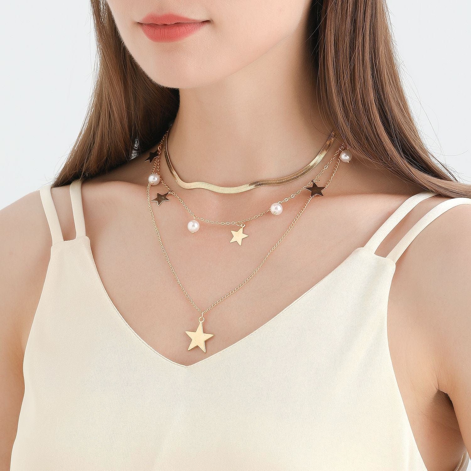 JuJumoose 3 Layer flat snake chain star Necklace Set