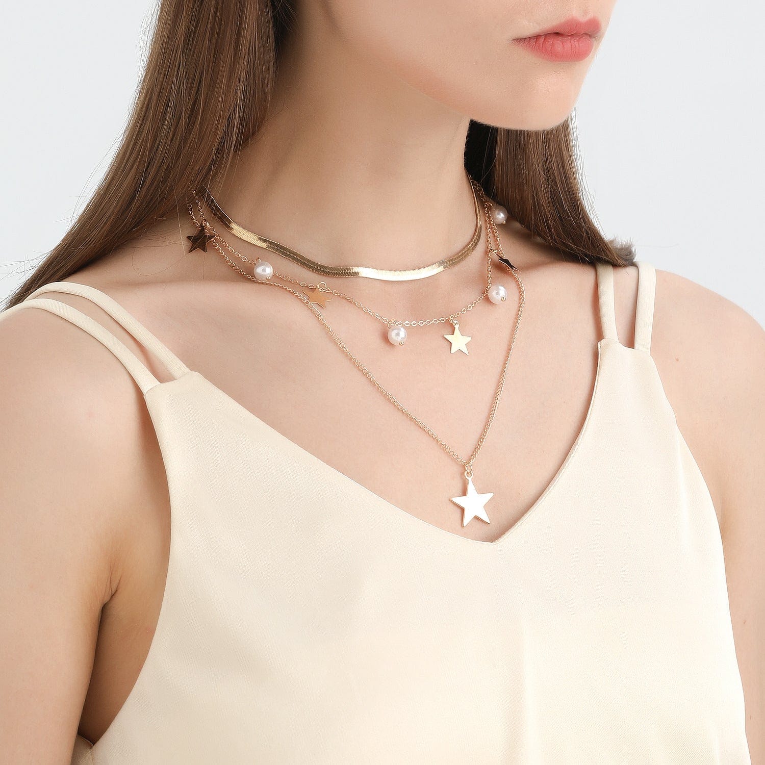 JuJumoose 3 Layer flat snake chain star Necklace Set