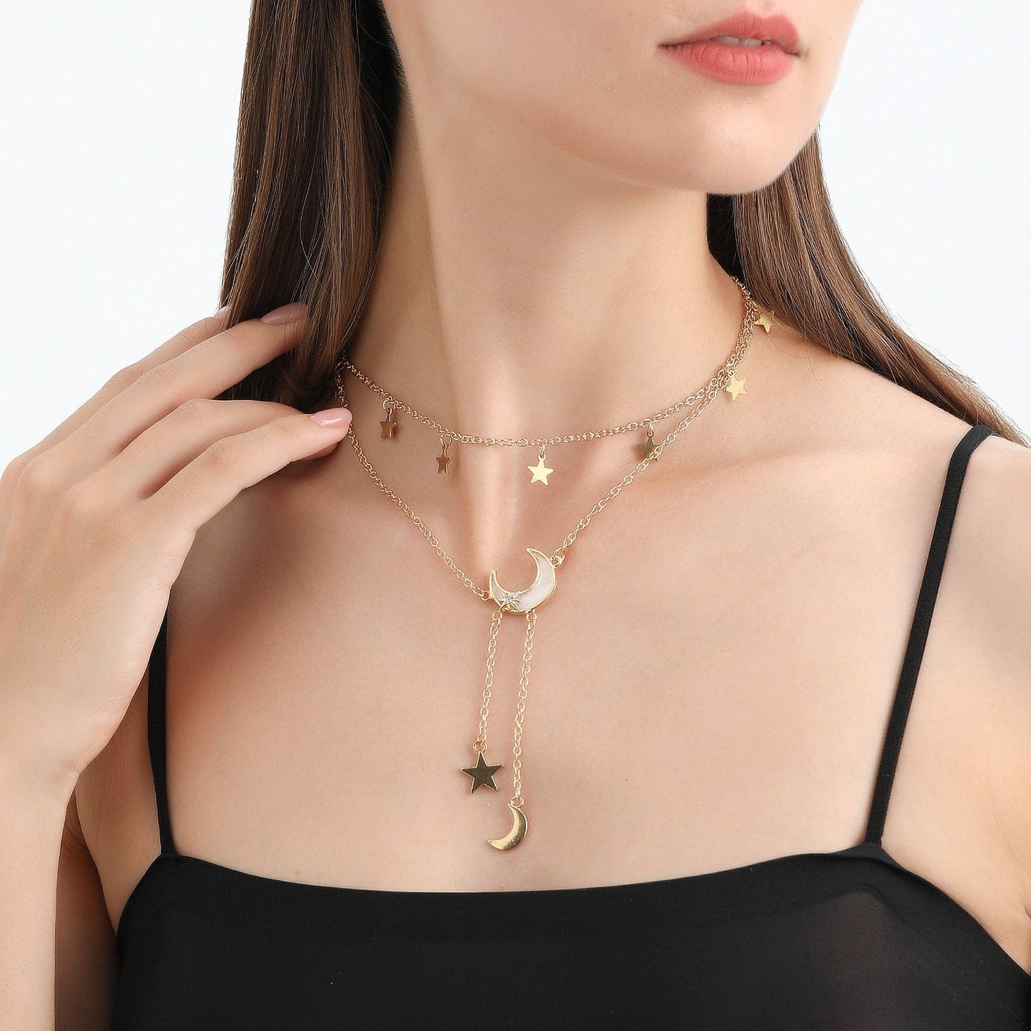 JuJumoose Y-shaped double-layer long tassel star and crescent necklace