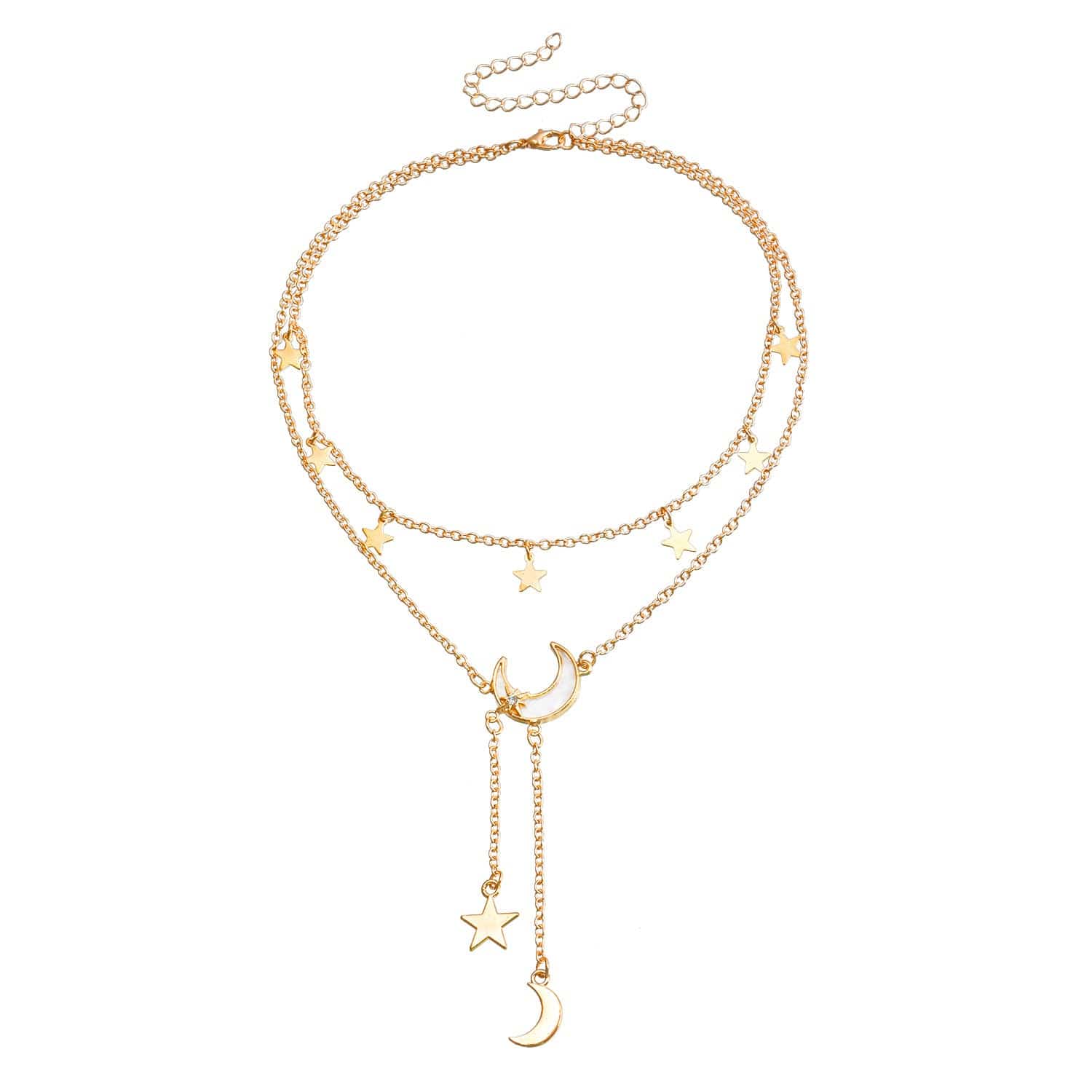 JuJumoose Y-shaped double-layer long tassel star and crescent necklace