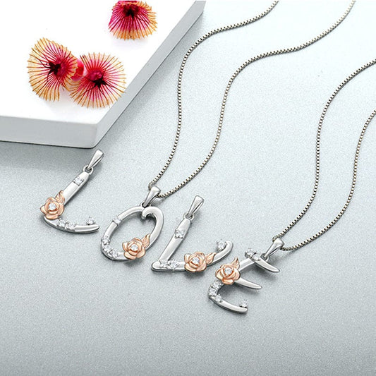 JuJumoose Sterling silver rose letters zircon necklace