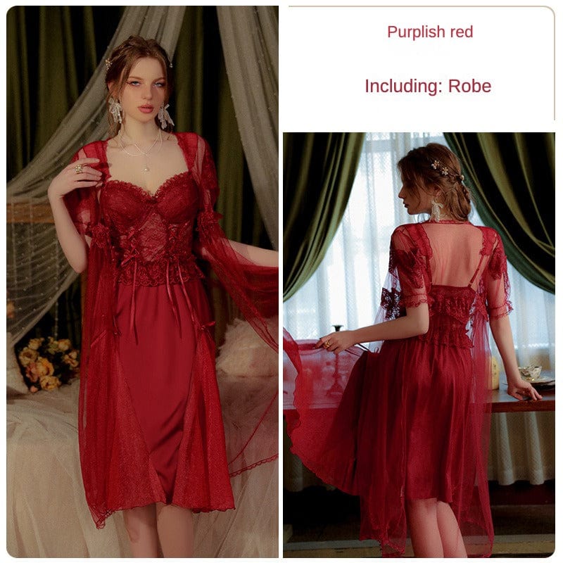 JuJumoose French satin lace backless breast pads nightgown