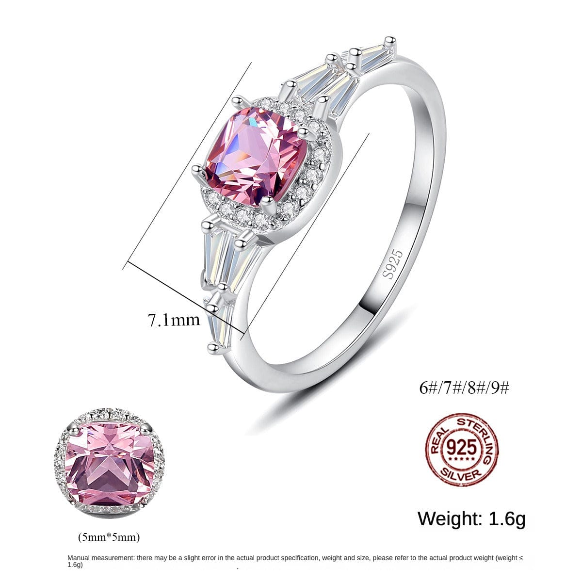 JuJumoose Silver Pink Morganite Princess Zircon Wedding Anniversary Ring
