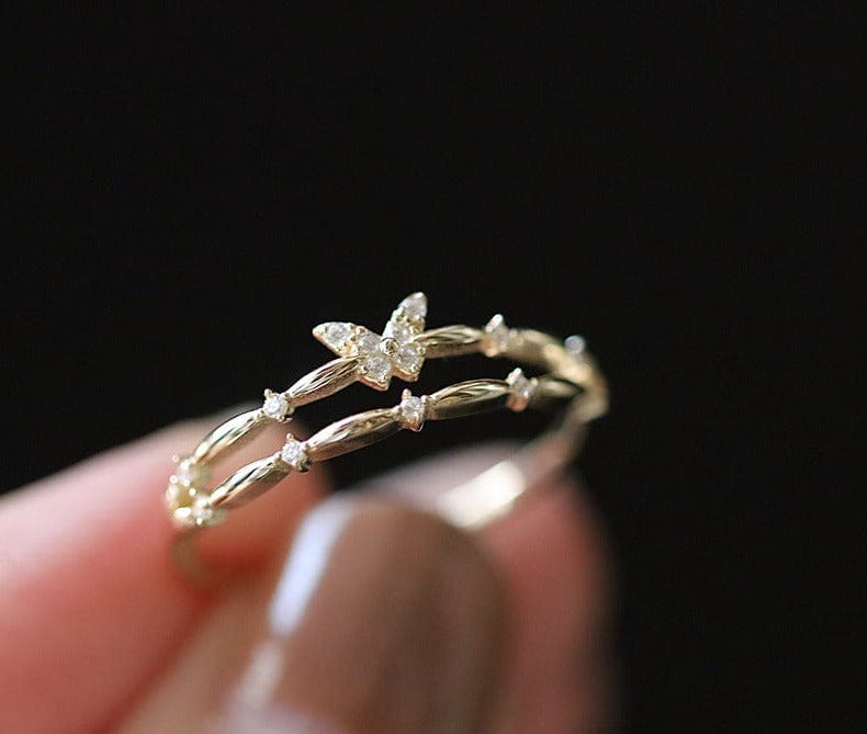 JuJumoose Sterling silver gold-plated double-layer butterfly ring