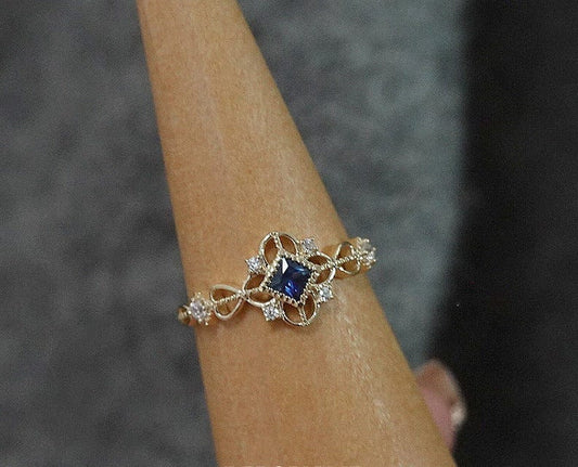 JuJumoose Sterling silver sapphire zircon retro palace hollow ring